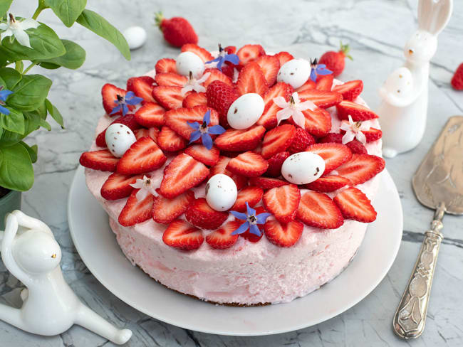 Gâteau glacé à la fraise sur fond de biscuits