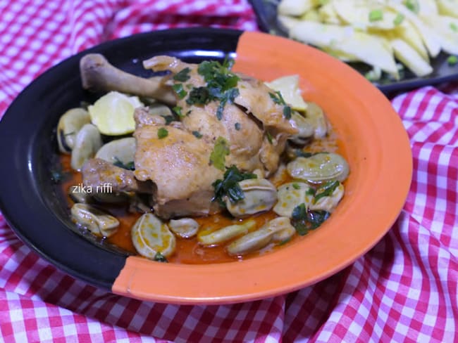 Tajine de fèves fraîches à écosser au poulet fermier