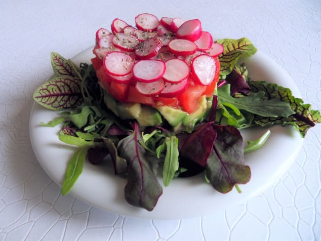 Tartare de tomates, d’avocat et de radis sur lit de salade