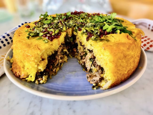 Gâteau de riz salé "Tah chin" au poulet et aux épinards d'après Ottolenghi