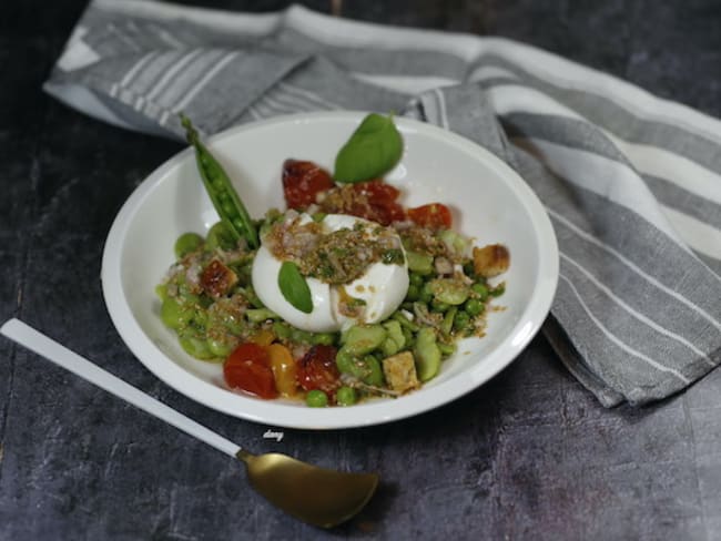 Salade de fèves petits pois tomates confites et burrata