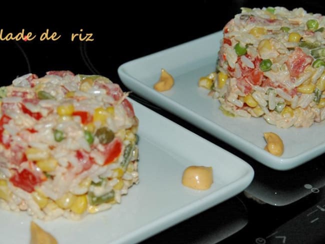 Salade de riz haricots verts, petits pois, tomates, oeuf, thon