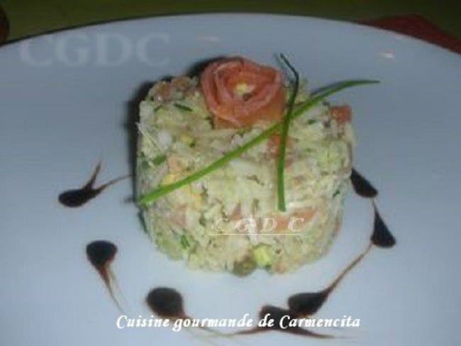 Timbale d'avocats au saumon et crabe