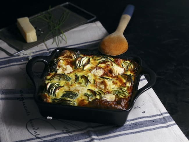 Gratin de courgettes épicé, fromages comté et tête de moine