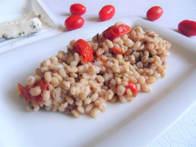 Blé aux tomates cerise et au roquefort façon one pot