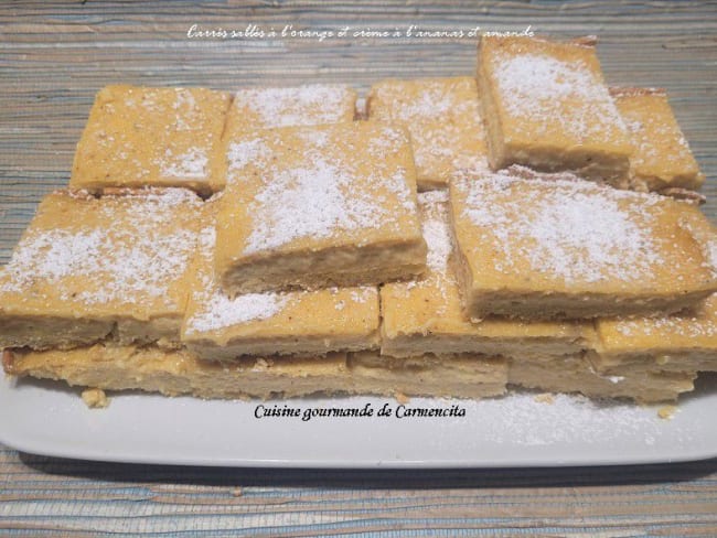 Carrés sablés à l'orange et crème pâtissière à l'ananas et amande