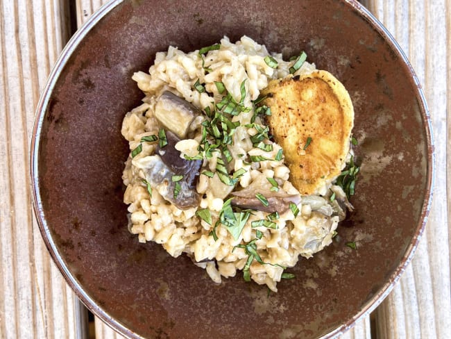 Risotto aux aubergines et aubergines croustillantes en beignets