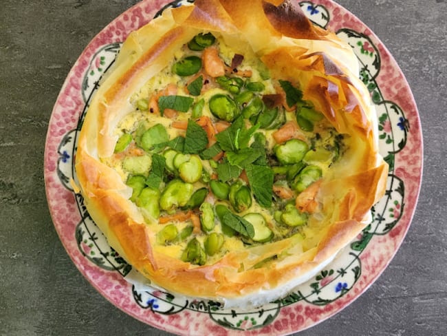 Tarte filo salée aux fèves et au saumon