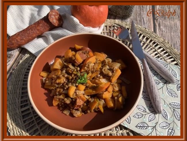 Lentilles vertes aux légumes (courge potimarron , carottes...) et chorizo