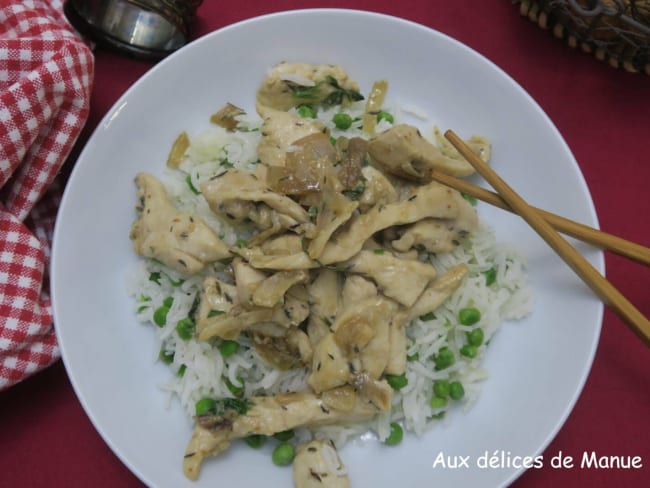 Emincés de poulet mariné à l'oignon, huiles et sauce yakitori