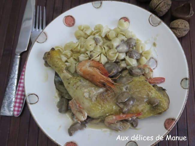 Cuisses de poulet aux crevettes et champignons de Paris