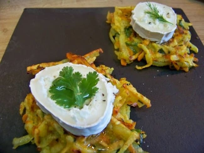 Gaufres de pommes de terre et carottes au chèvre, piment d'Espelette