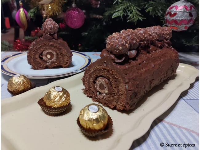 On préparer une belle bûche de noël roulée décorée de Ferrero Rocher