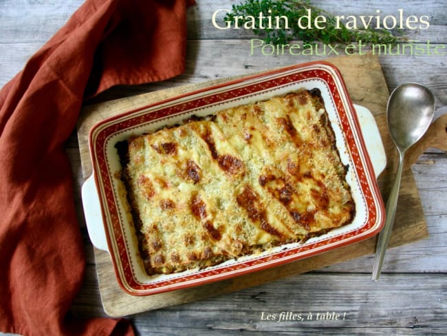 Gratin de ravioles aux poireaux et fromage au lait cru munster