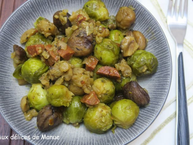 Choux de Bruxelles et châtaignes au chorizo