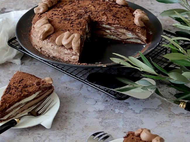 Gâteau de crêpes vanille chocolat, sans gluten, lait, œuf