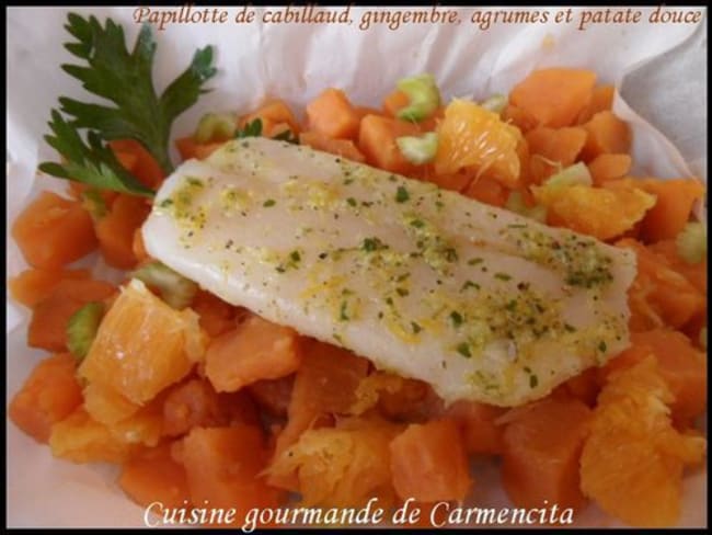 Papillote de cabillaud gingembre agrumes et patates douces