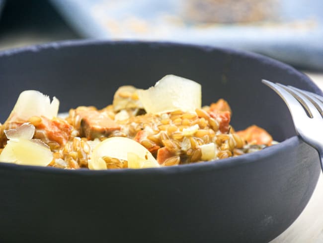 Risotto de petit-épeautre, à la patate douce et Comté