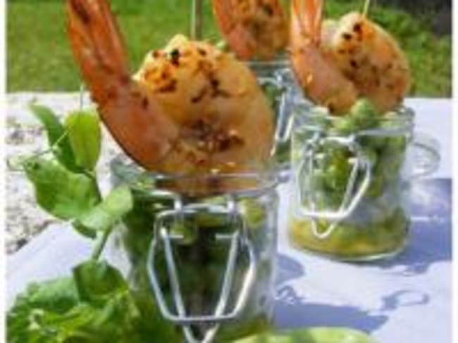 Petits Pois en Vinaigrette et Gambas Rôties au Sésame