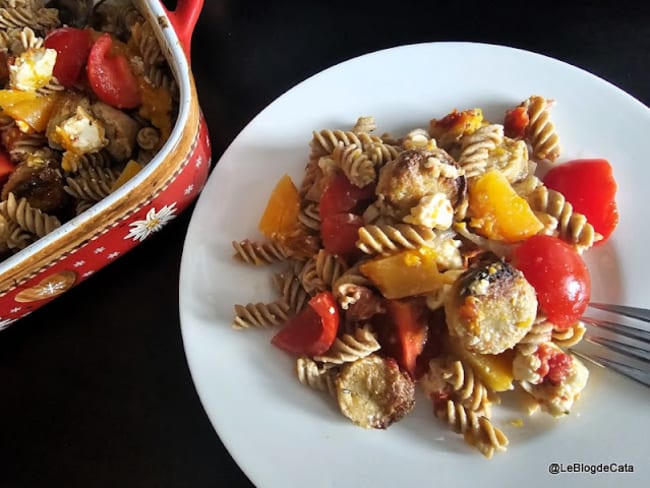 Pâtes Energus10 avec butternut, feta, boudin blanc rôtis au four