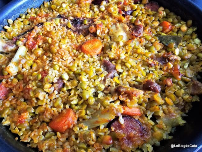 Paella au riz konjac et aux pois cassés