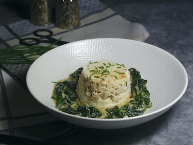 Mousse de poisson et de chair de cuisses de grenouilles aux épinards