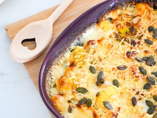 Gratin de gnocchis aux poireaux et graines de courge