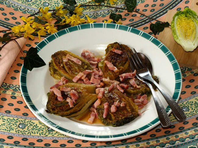 Sucrines braisées aux lardons fumés