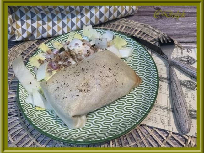 Brick garnie de pomme de terre, chèvre, miel et jambon