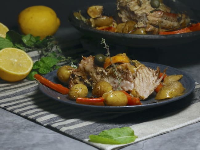 Rôti de veau menthe citron et caprons accompagné de légumes primeurs