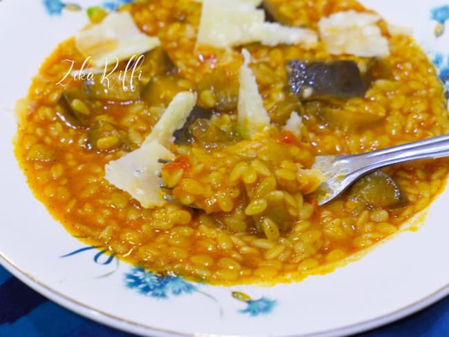 Risotto de langues d'oiseaux tomates, aubergines et parmesan