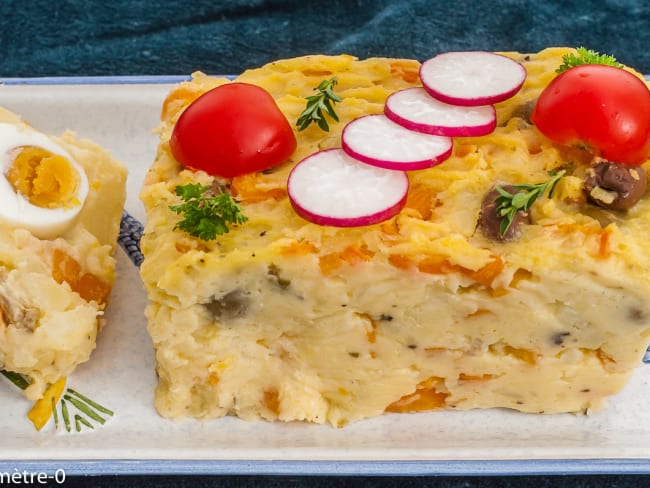 Terrine de pommes de terre aux olives, œufs et emmental