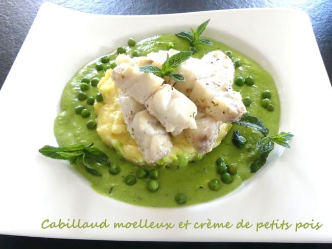 Cabillaud moelleux et crème de petits pois, écrasé de pommes de terre