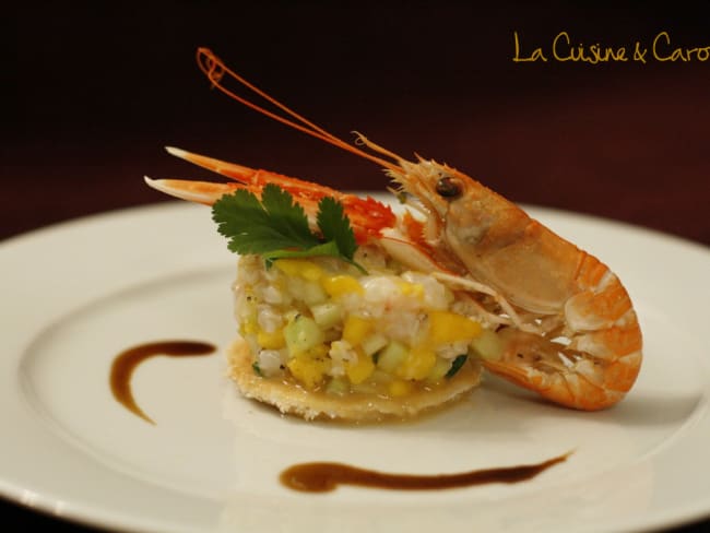 Tartare de langoustines, mangue et papaye vertes, sauce passion