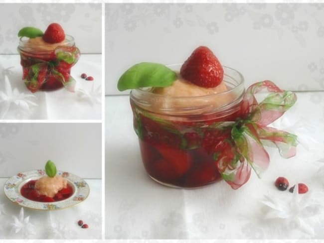 Sorbet à la rhubarbe, nage de fraises à la vanille