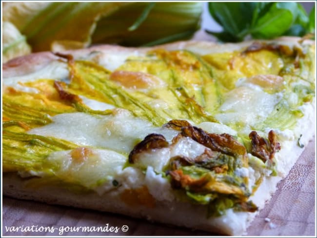 Pizza blanche aux fleurs de courgettes, basilic, ricotta et mozzarella