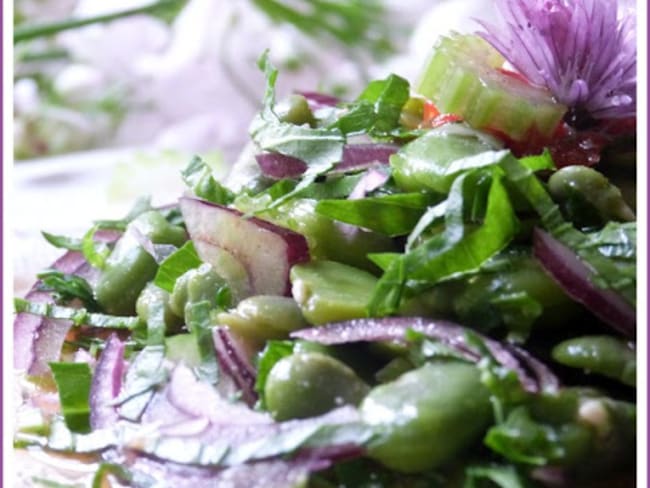 Salade de fèves fraîches, céleri branche et oignon rouge, sauce orange cumin