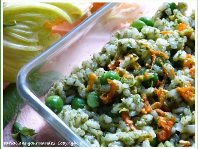 Risotto en verdure de fanes de radis et de navets, petits pois et fleurs de courgettes.