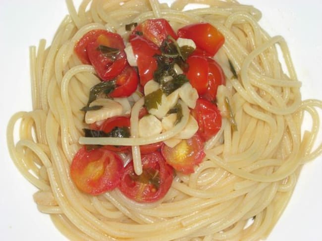 Spaghetti aux tomates cerises et basilic