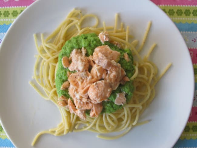 spaghettis au saumon et crème petits pois - menthe