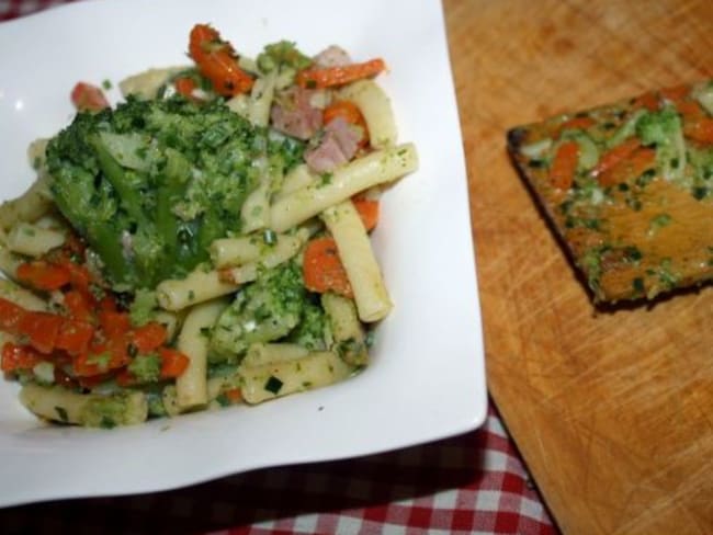 Macaronis hauts en couleurs aux brocolis et aux carottes