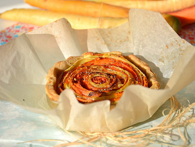 Tartelettes aux carottes anciennes, panais, patate douce et pavot