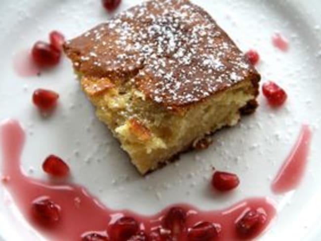 Moelleux à la Ricotta et au chocolat blanc, coulis de grenade