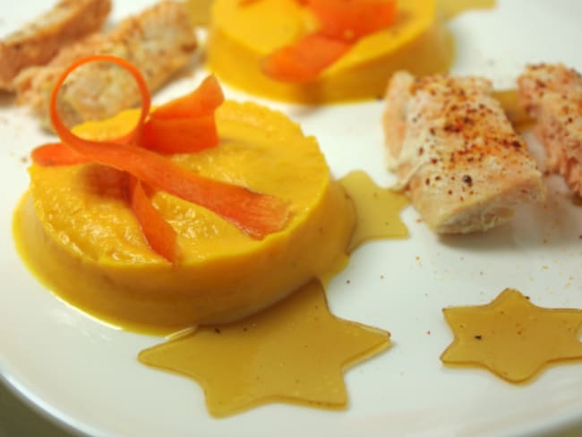 Saumon au piment d’espelette, purée de patates douces et gelée de thé