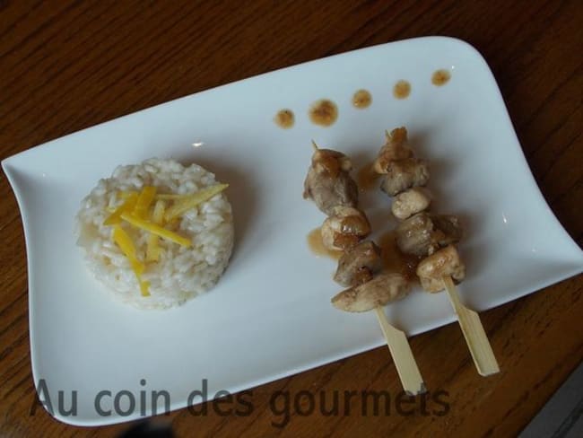 Risotto au citron et brochettes veau et poulet