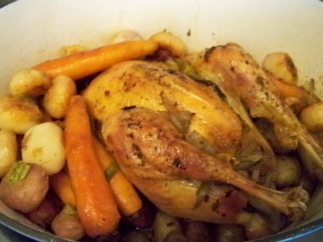 Poulet rôti aux légumes de printemps glacés et petit jus de Joël Rebuchon