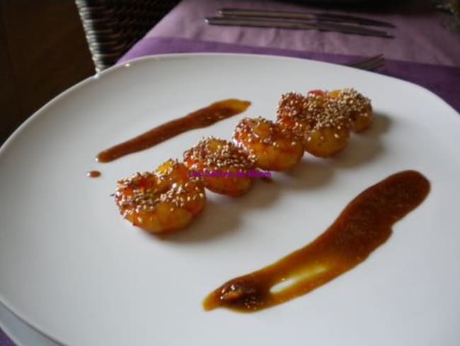 Brochettes de scampis au caramel d'oranges