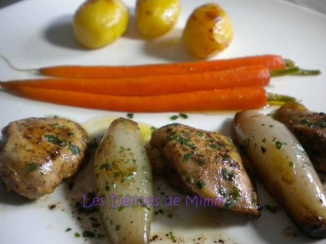 Filets de cailles au Xérès, échalotes caramélisées et carottes glacées