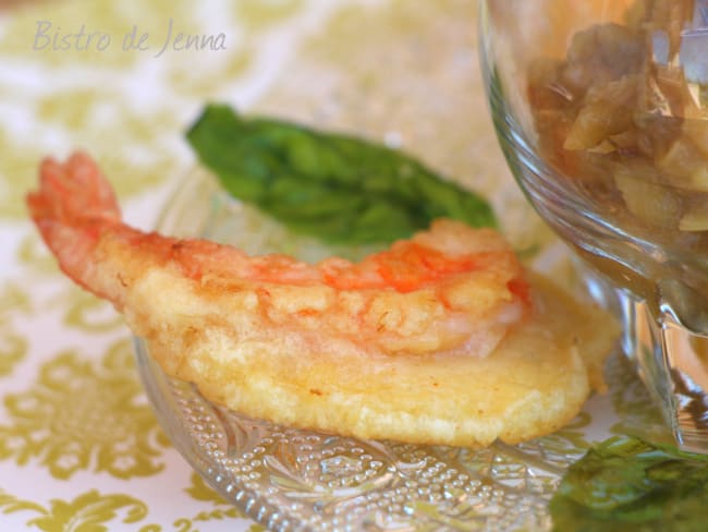 Tempura de gambas et sa compote Fenouil et Rhubarbe