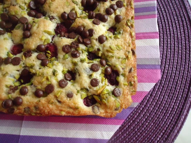 Blondies framboises pistaches et chocolat